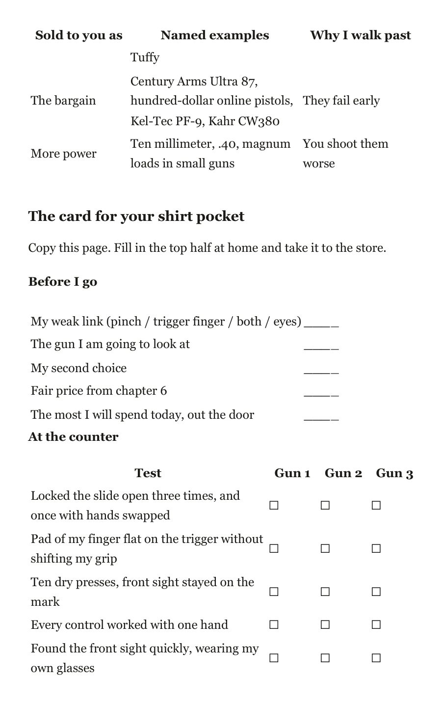 Book page: the walk-past list and the card for your shirt pocket, with the counter test checklist