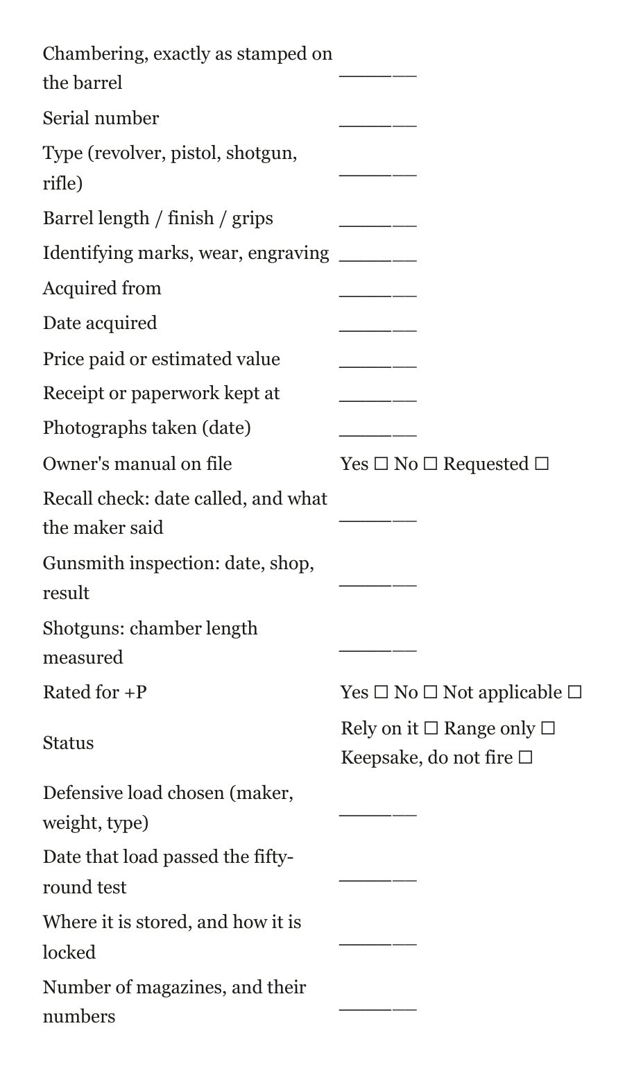 Book page: the Firearm Record sheet from the Print Pack